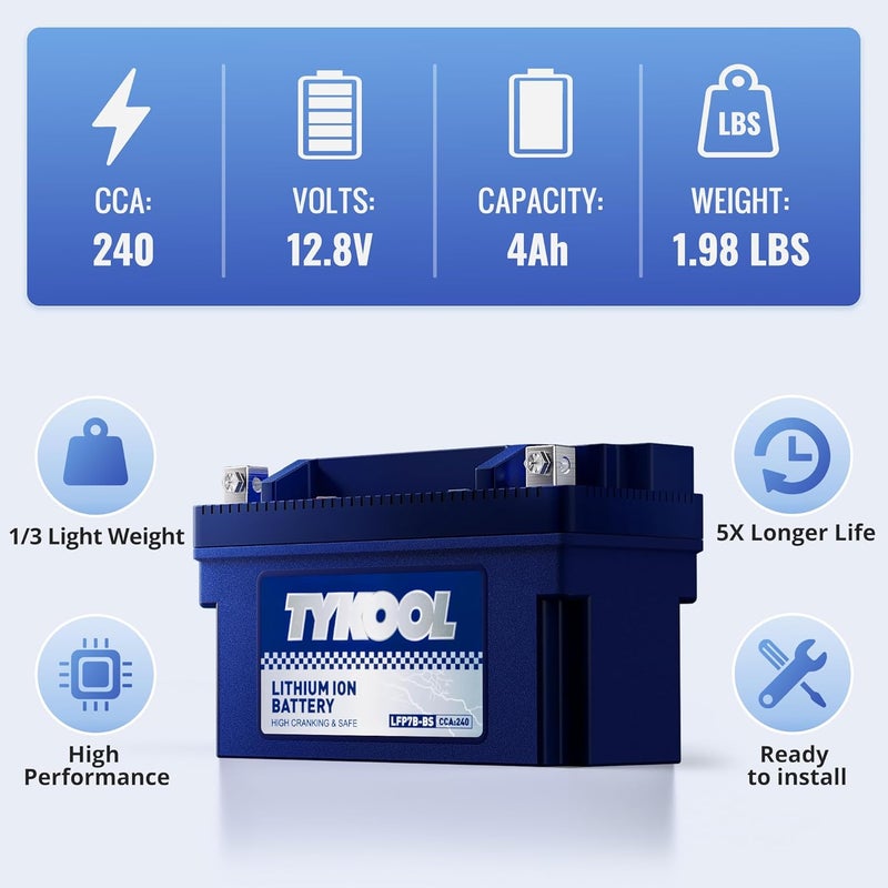 TYKOOL YT7B-BS, 240 CCA, 3X Cranking Amps,5X Life, High Performance Lithium LiFePO4 Motorcycle Battery,12V 4Ah,Fits for ATV,Fits for Ducati 1198cc,BRP (CAN-AM) 450cc ATV,Yamaha 125cc,150cc Scooter - Image 3
